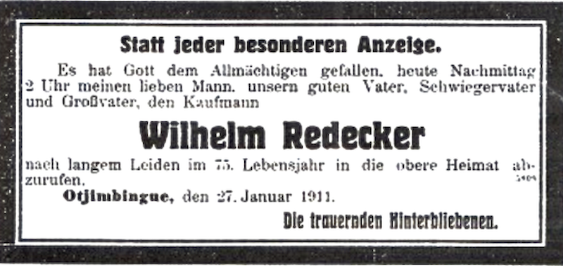 Johann Wilhelm Redecker Todesanzeige